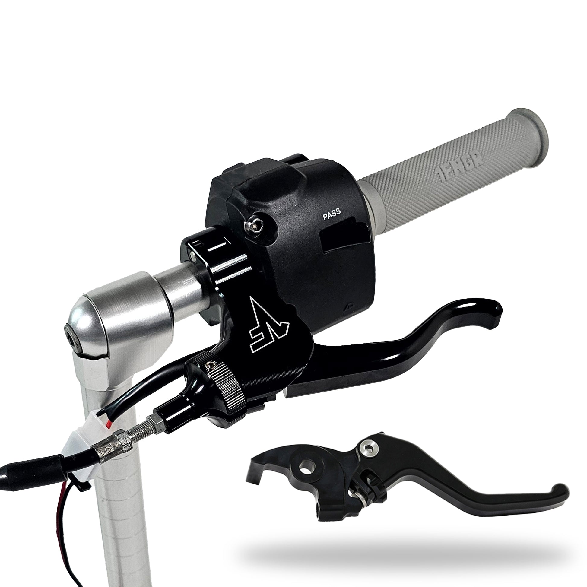 A black quickie easy pull clutch 1 finger lever with a black cable adjuster for a motorcycle, featuring a lever, perch, and clamp, mounted and neutral safety switch on a handlebar with adjustable brake lever
