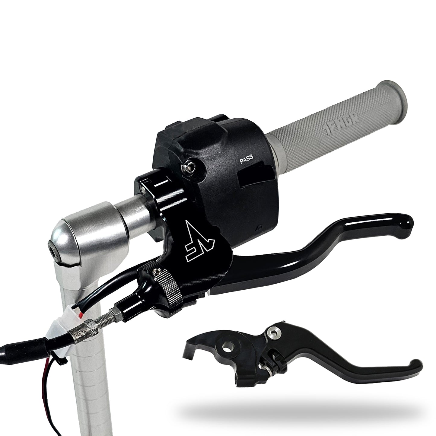 A black quickie easy pull clutch 2 finger lever with a black cable adjuster for a motorcycle, featuring a lever, perch, and clamp, mounted and neutral safety switch on a handlebar with adjustable brake lever