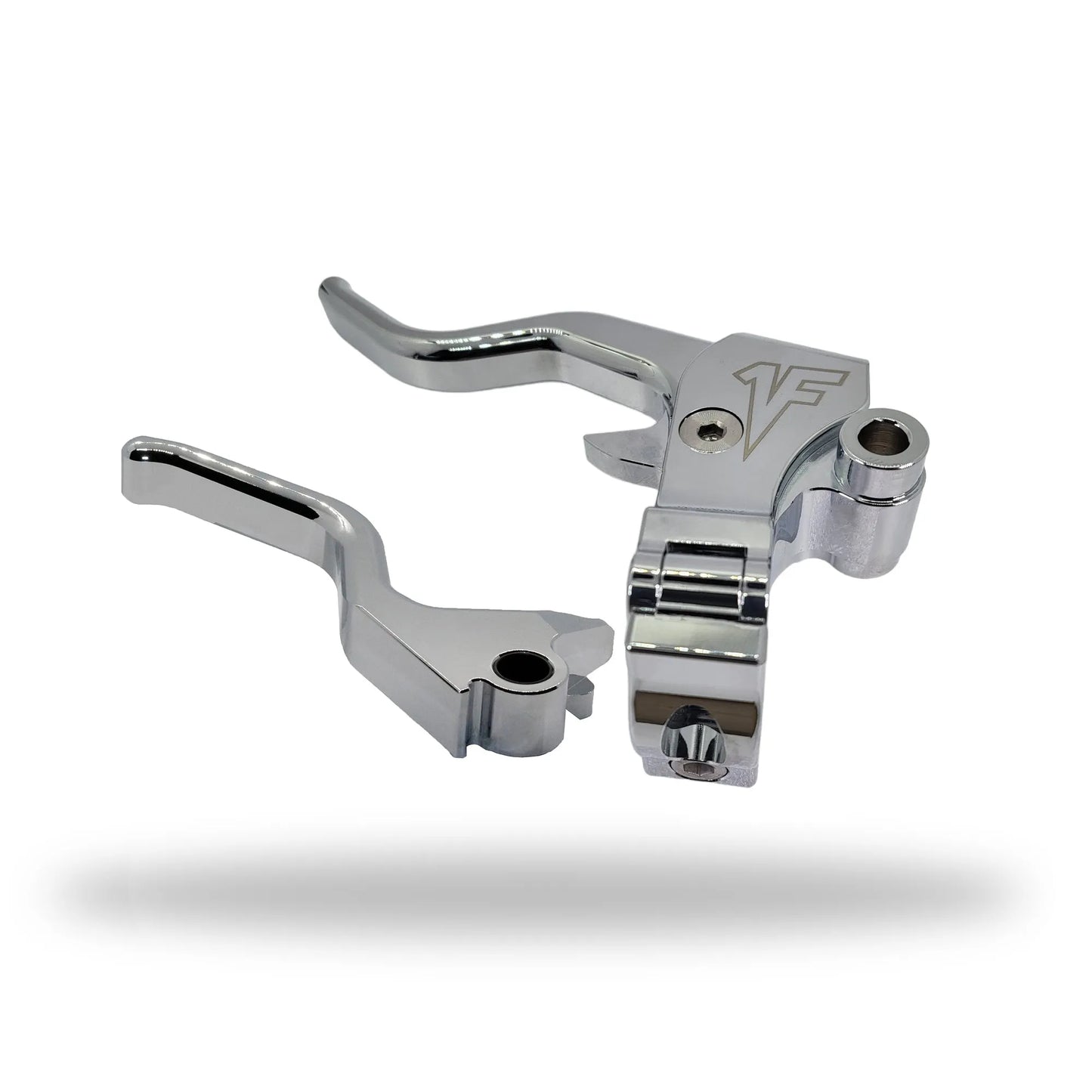 Chrome easy pull clutch lever and brake lever combo for Harley Davidson Dyna Models, featuring a 2-finger lever length and a built-in mirror adapter.
