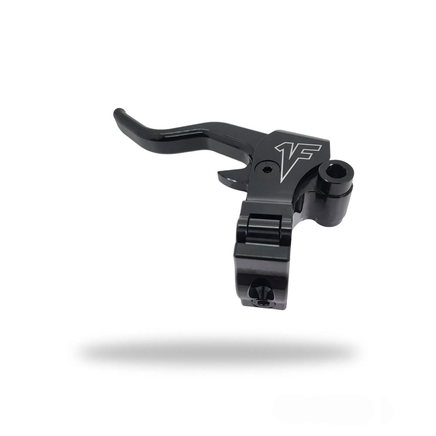 Black Harley Davidson clutch lever and perch made of aluminum, featuring a lever adapter and built-in mirror mount.