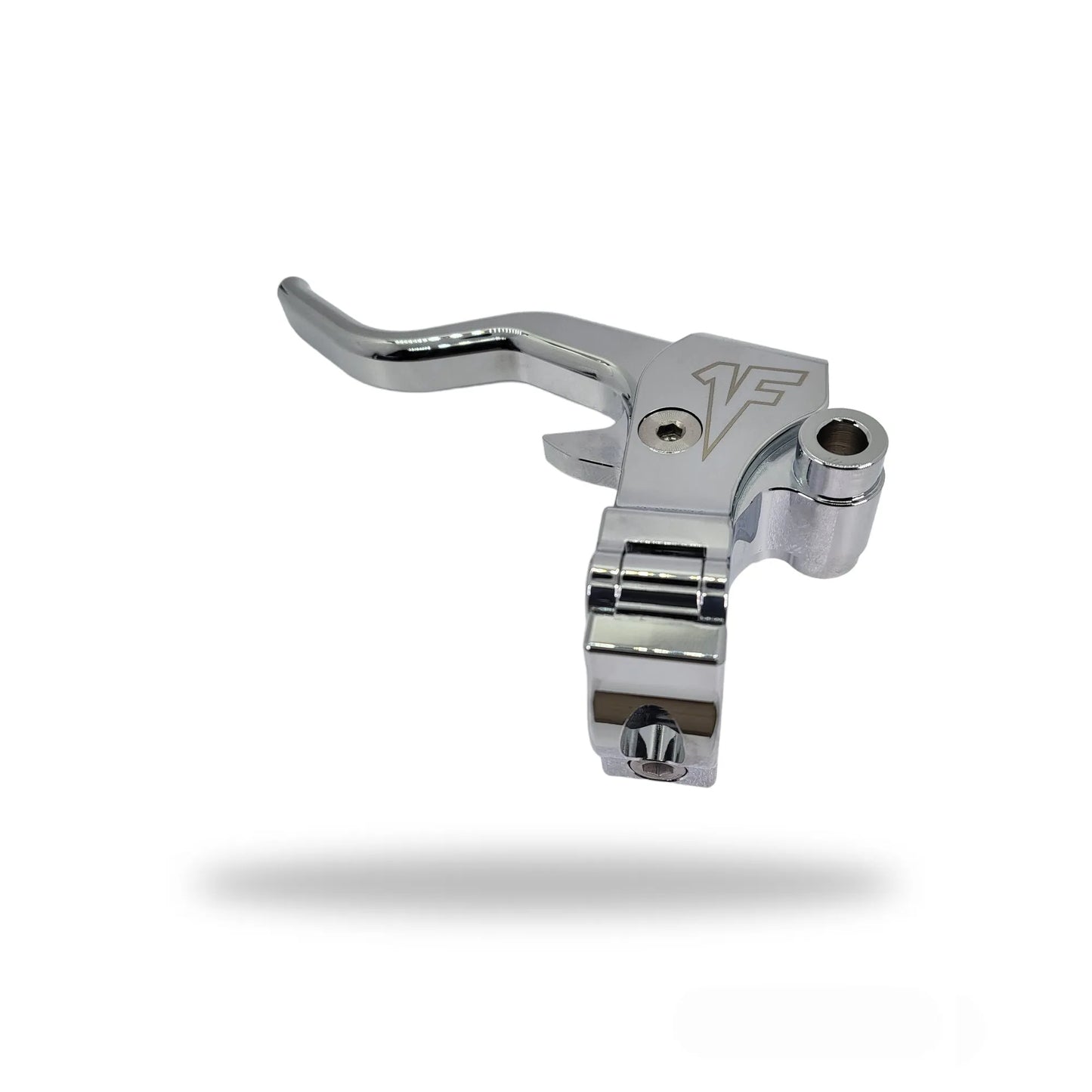 Chrome Harley Davidson motorcycle clutch lever with built-in mirror adapter and neutral safety switch tab, made from aluminum with stainless steel bolts.