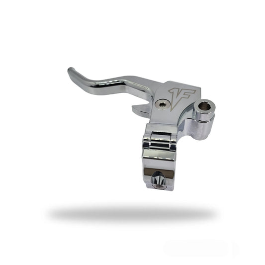 Chrome Harley Davidson motorcycle clutch lever with built-in mirror adapter and neutral safety switch tab, made from aluminum with stainless steel bolts.