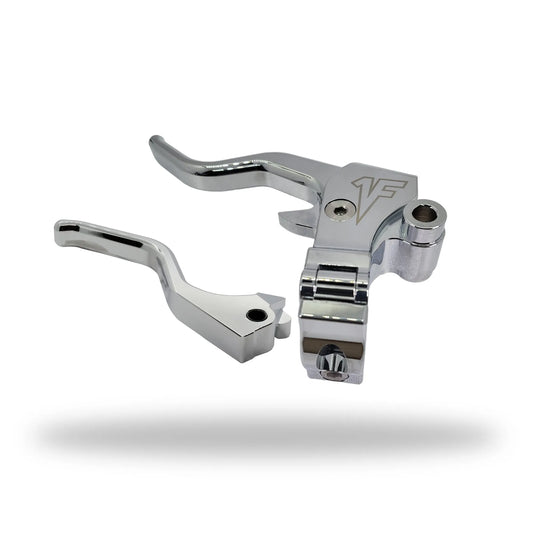 Chrome easy pull clutch lever and brake lever combo for 2004 to 13 Harley Davidson Sportster Models, featuring a 2-finger lever length and a built-in mirror adapter.