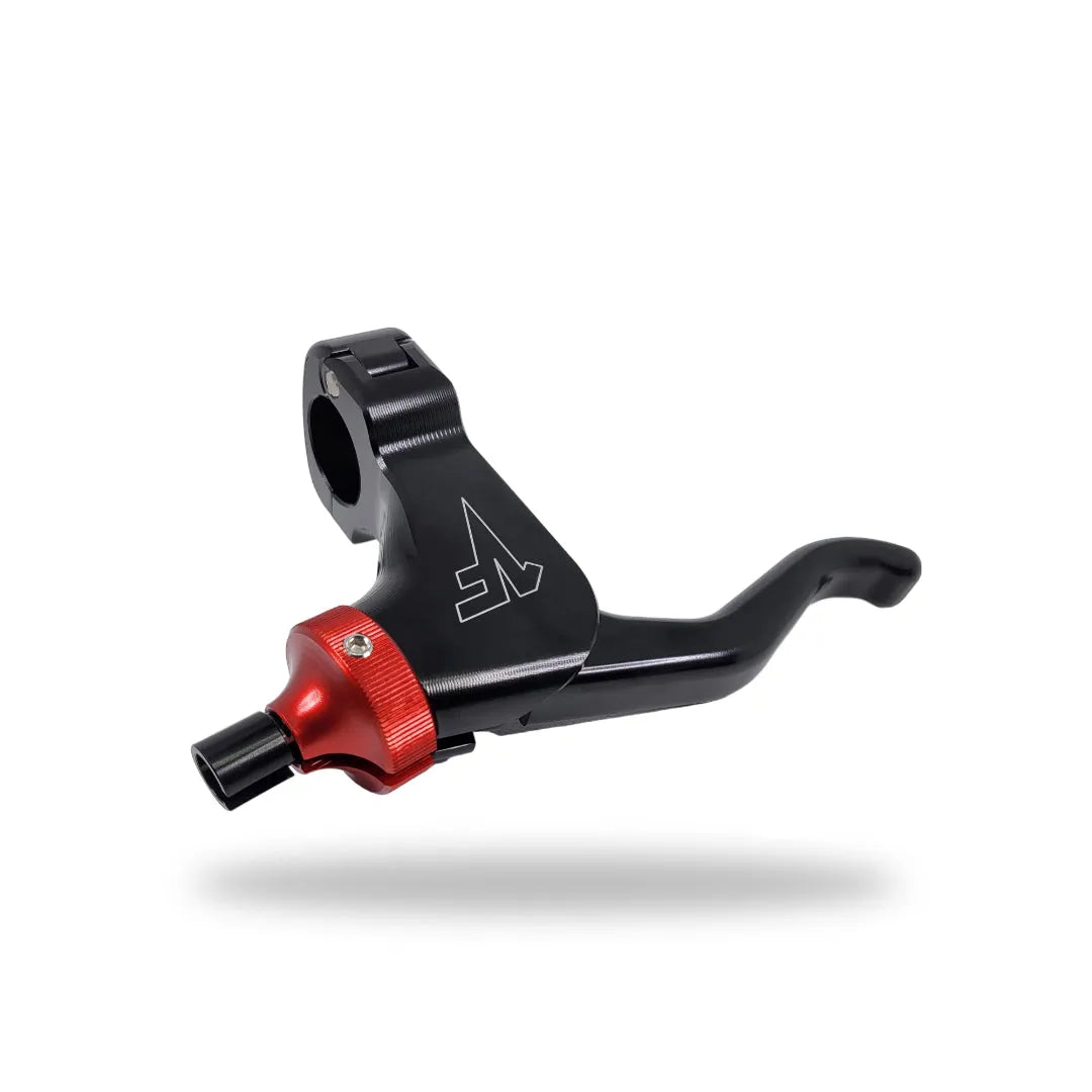 A black easy pull clutch lever with a red cable adjuster for a motorcycle, featuring a lever, perch, and clamp, mounted and neutral safety switch on a handlebar.