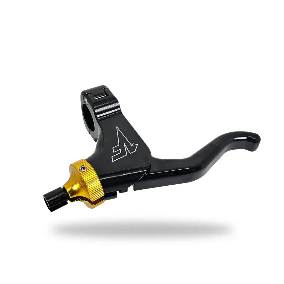 A black easy pull clutch lever with a gold cable adjuster for a motorcycle, featuring a lever, perch, and clamp, mounted on a handlebar.