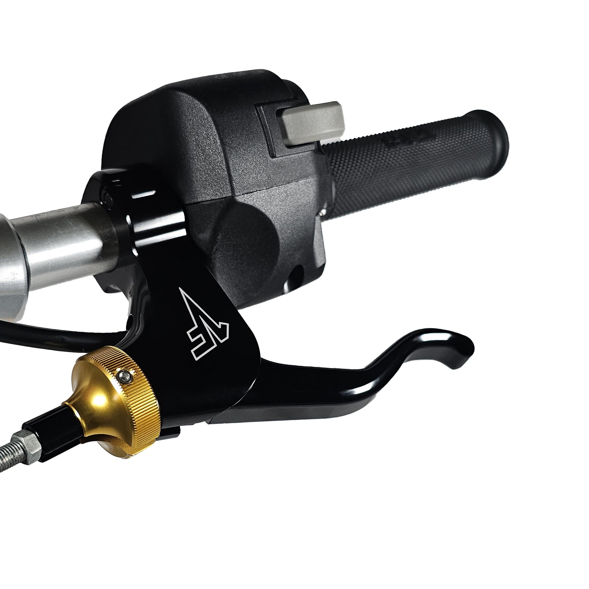 A black easy pull clutch lever with gold cable adjuster for a motorcycle, featuring a lever, perch, and clamp, mounted and neutral safety switch on a handlebar.