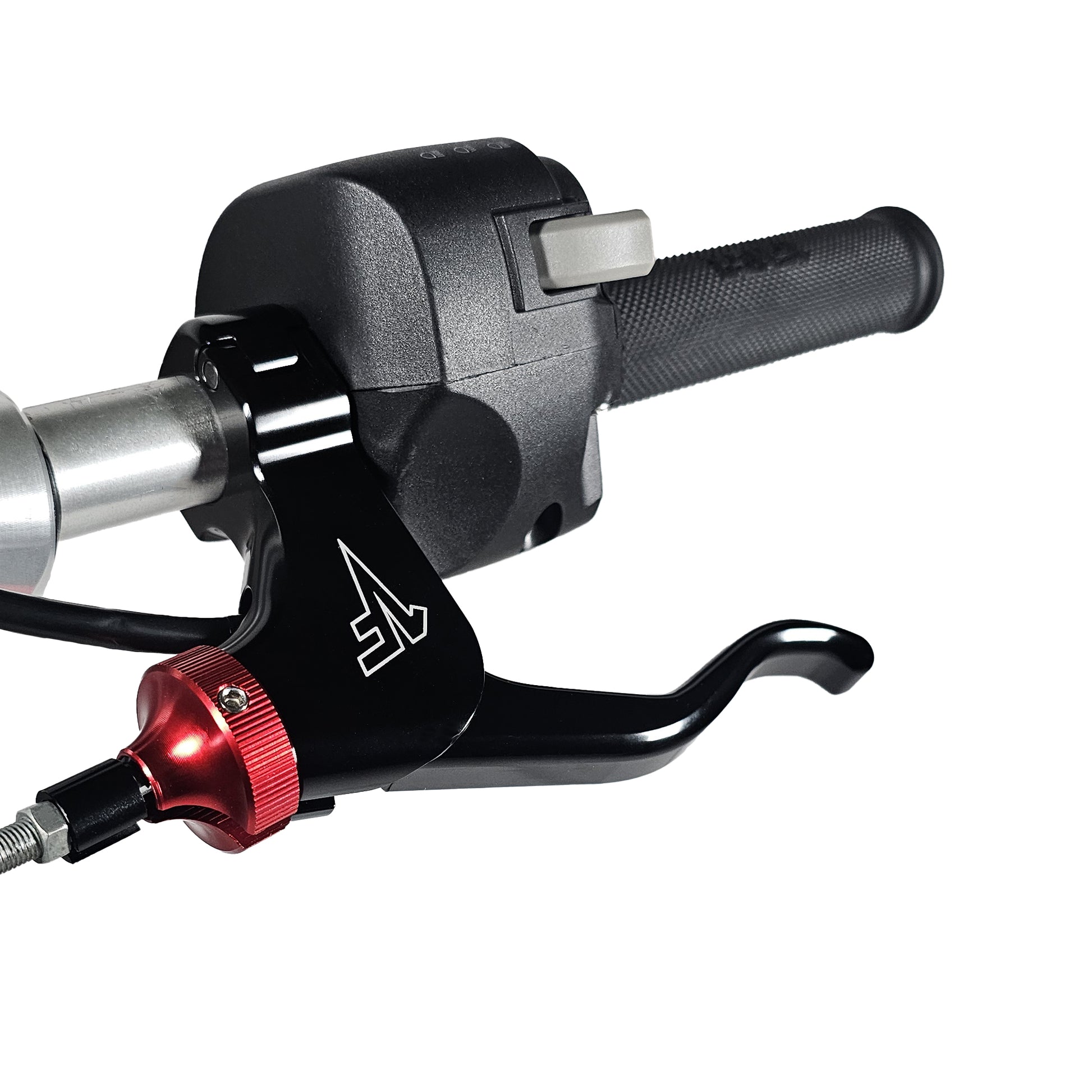 A black easy pull clutch lever with red cable adjuster for a motorcycle, featuring a lever, perch, and clamp, mounted and neutral safety switch on a handlebar.