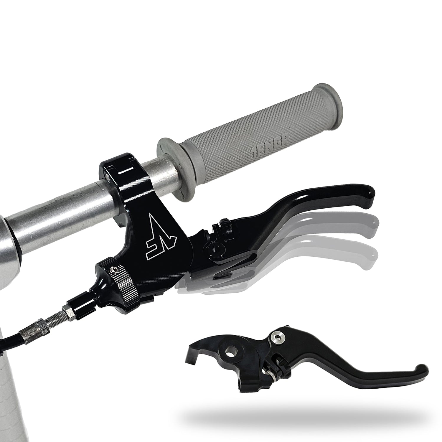 A black adjustable clutch lever and brake lever combo for a motorcycle, showing the levers and perch mounted on a handlebar.
