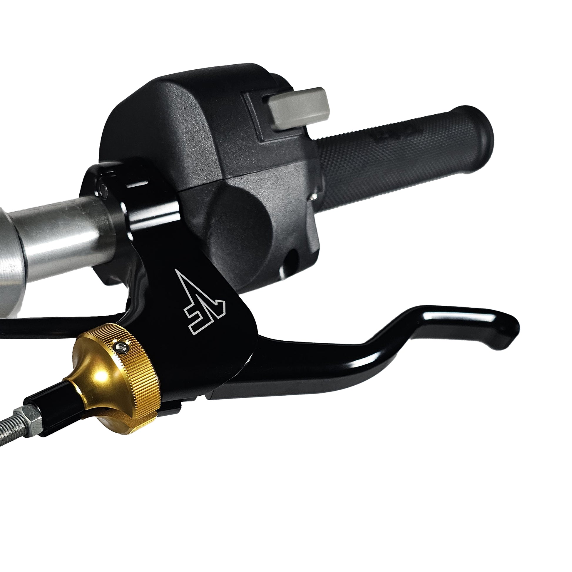 A black easy pull clutch 2 finger lever with a gold cable adjuster for a motorcycle, featuring a lever, perch, and clamp, mounted and neutral safety switch on a handlebar.