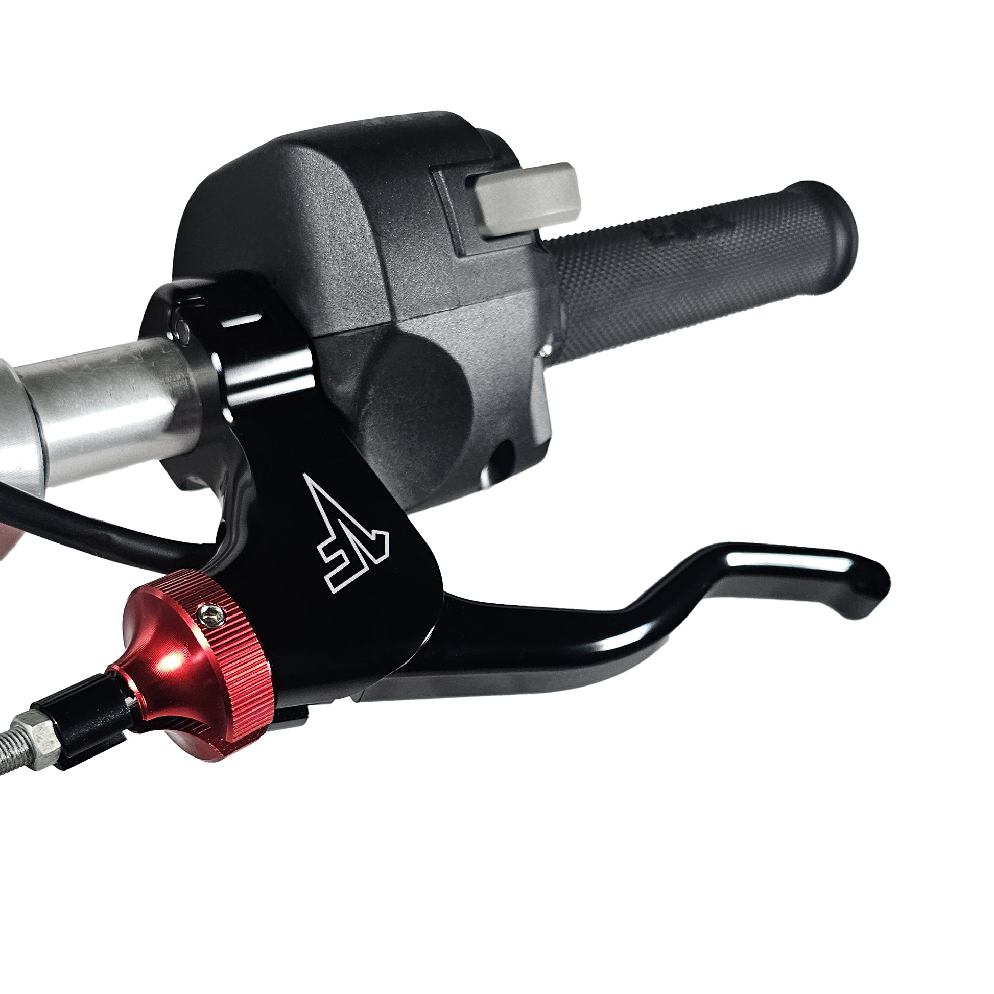 A black easy pull clutch 2 finger lever with a red cable adjuster for a motorcycle, featuring a lever, perch, and clamp, mounted and neutral safety switch on a handlebar.