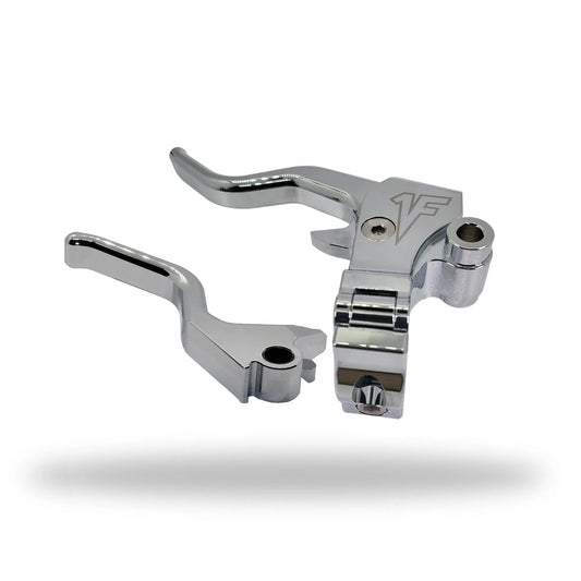 Chrome easy pull clutch lever and brake lever combo for Harley Davidson Dyna Models, featuring a 2-finger lever length and a built-in mirror adapter.
