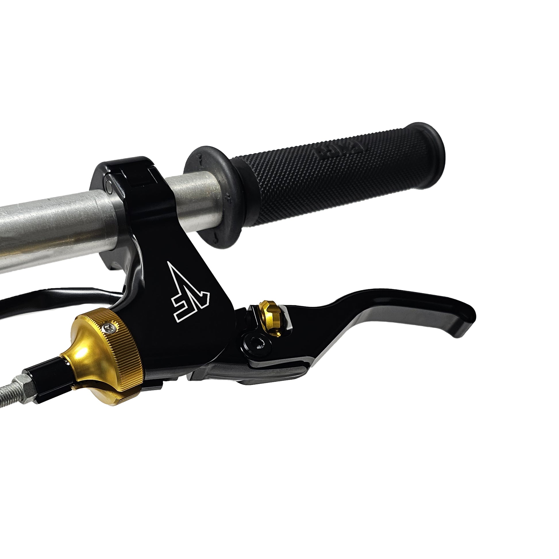 Close-up of 1fngr easy pull adjustable clutch lever with gold adjusters and neutral safety switch