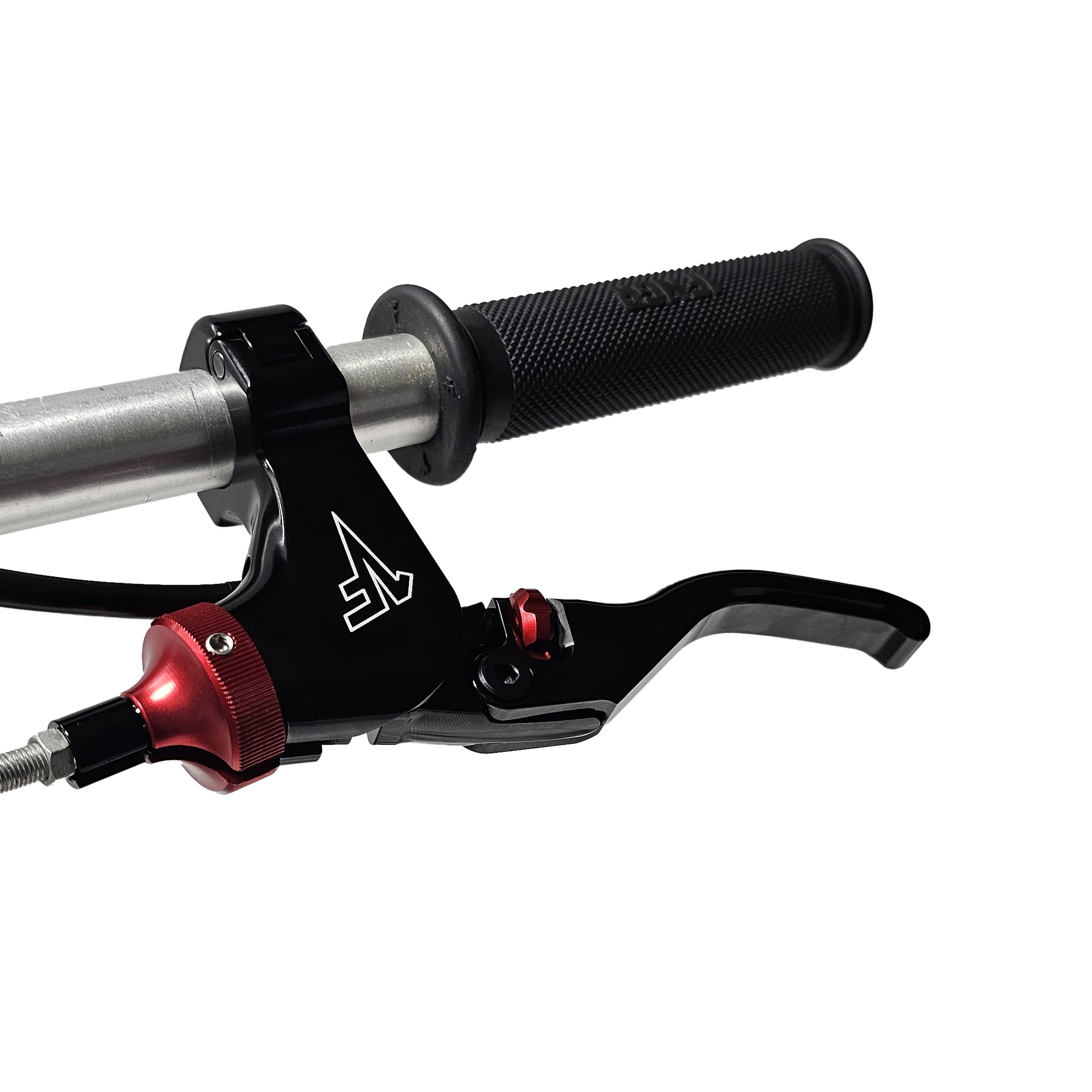 Close-up of 1fngr easy pull clutch lever with red adjusters and neutral safety switch