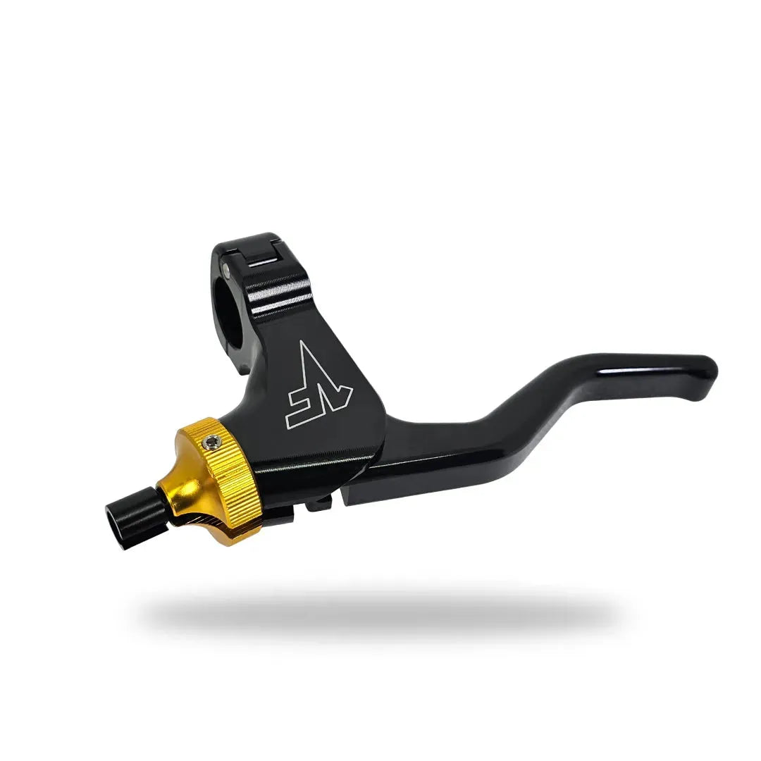 A black easy pull clutch 2 finger lever with a gold cable adjuster for a motorcycle, featuring a lever, perch, and clamp, mounted on a handlebar.