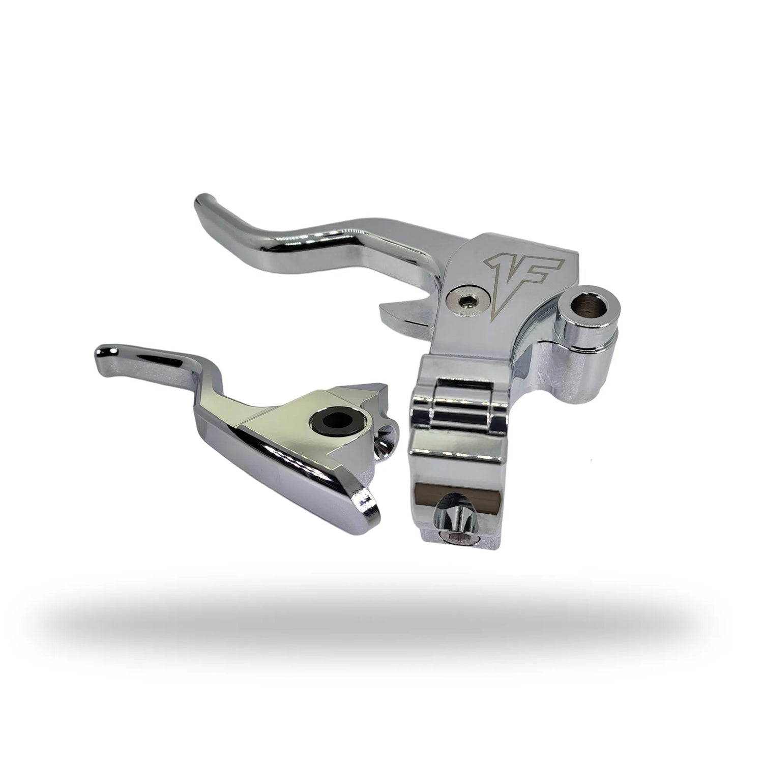 Chrome easy pull clutch lever and brake lever combo for 2008 to 2013 Harley Davidson Touring Models, featuring a 2-finger lever length and a built-in mirror adapter.