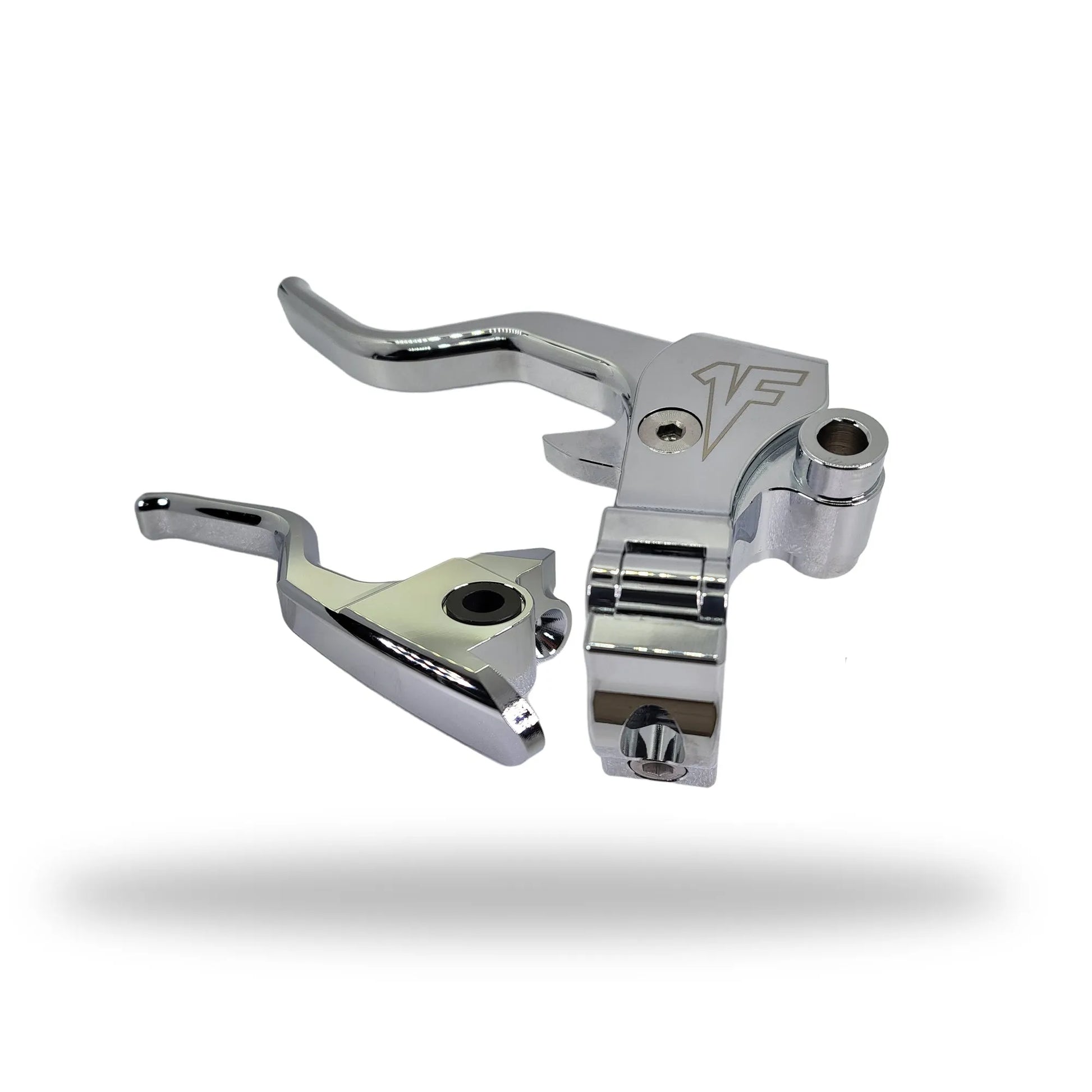 Chrome easy pull clutch lever and brake lever combo for 2008 to 2013 Harley Davidson Touring Models, featuring a 2-finger lever length and a built-in mirror adapter.