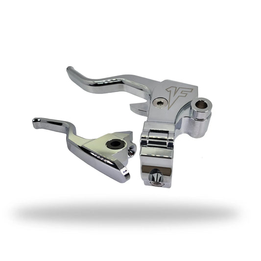 Chrome easy pull clutch lever and brake lever combo for 2008 to 2013 Harley Davidson Touring Models, featuring a 2-finger lever length and a built-in mirror adapter.
