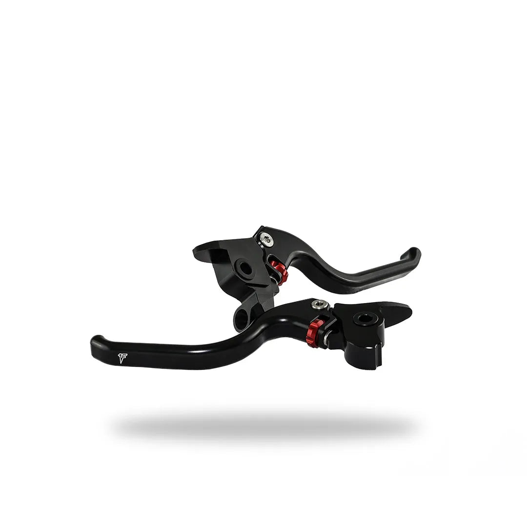 A pair of black anodized adjustable touring levers with red adjuster for 2017 - 2020 Harley Touring models 