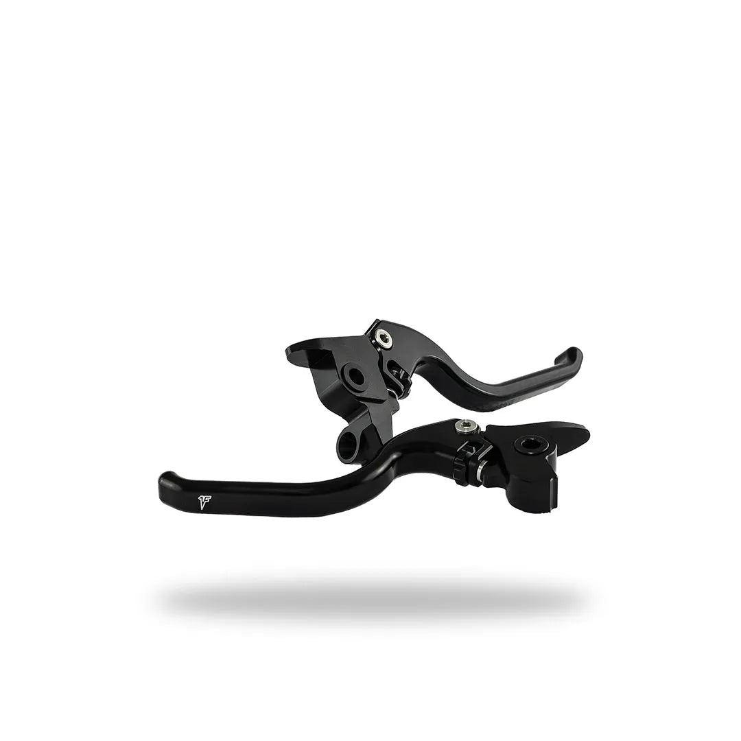 A pair of black anodized adjustable touring levers with black adjuster for 2017 - 2020 Harley Touring models 